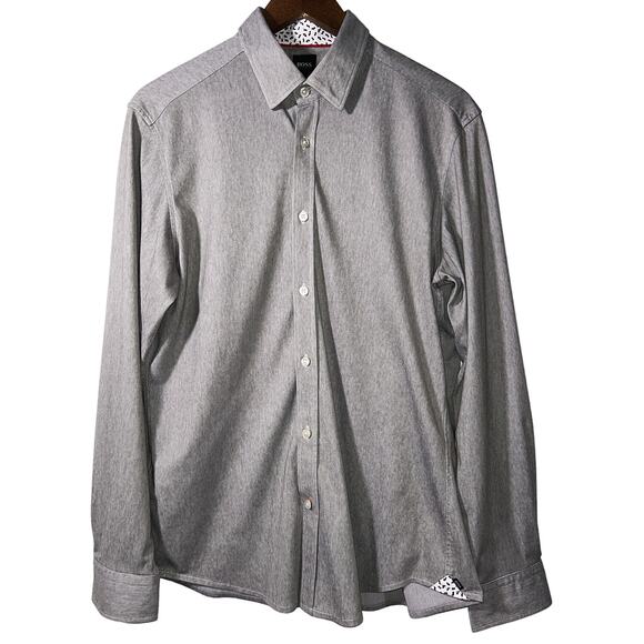 Hugo Boss Men's Large Regular Fit Heather Gray Long Sleeve Button Up Dress Shirt - Picture 1 of 10